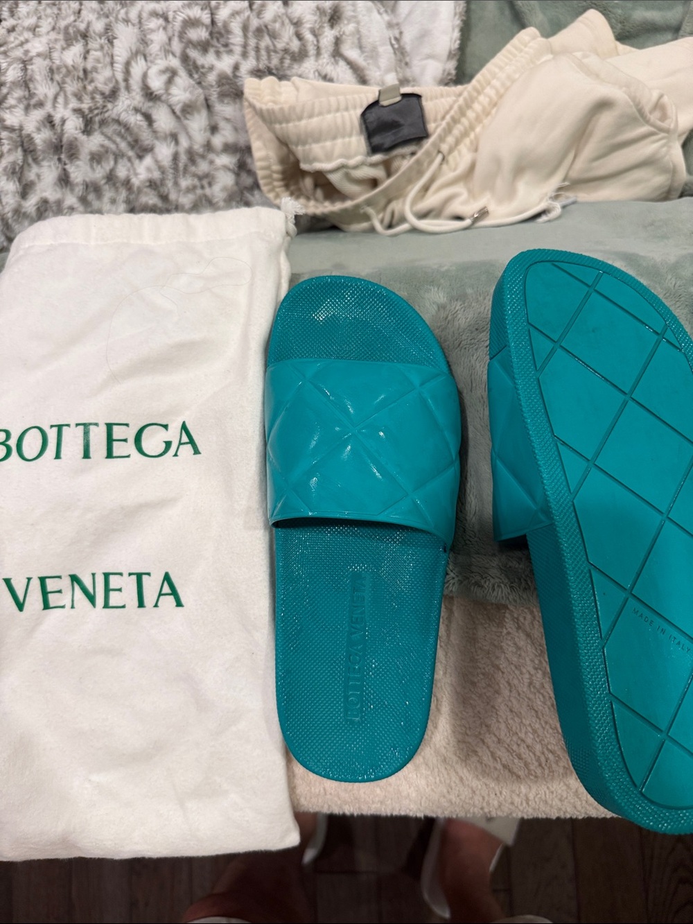Bottega Veneta Teal Quilted Slide Sandals